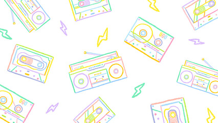 Cassette tape background Colorful and simple hand drawn line drawing illustration / カセットテープの背景 カラフルでシンプルな手描きの線画イラスト