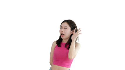 Asian woman eavesdropping or overhearing secret conversation isolated on yellow background, Gossip,...