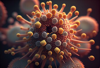 Detailed illustration of a monkeypox virus, few cells under a microscope, 3d render. Generative AI