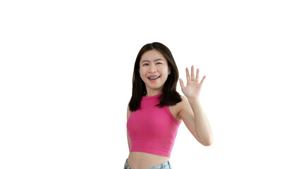 Waving hand in hi, Asian woman smiling friendly greeting, Hello,nice to meet you,say hi, Say hi and greet you, Welcome new people Join a multicultural team, Goodbye, Isolated on yellow background.