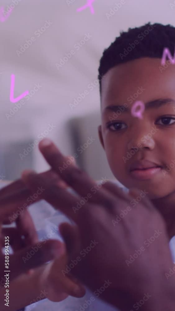 Poster Animation of letters floating over happy african american father and son playing finger games