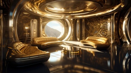 Bringing Opulence to Your Space: Stunning Gold and Brass Luxury Interior with Futuristic Touch and Unique 8K HD Digital Art Wallpaper, Generative AI