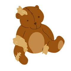 A torn teddy bear with tufts of stuffing and thread sticking out. The concept of recycling and sorting garbage. An image for conservationists and waste recycling companies.Vector illustration.