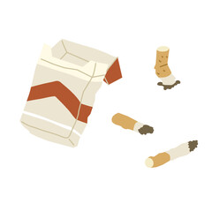 An empty pack of cigarettes and crumpled cigarette butts. The concept of smoking is harmful to health. Environmental pollution. Vector illustration. Isolated objects.