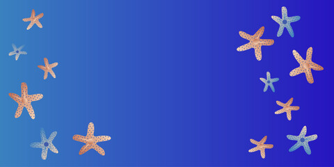 Obraz na płótnie Canvas Background with various Starfishes pastel colors, vector illustration on blue background.