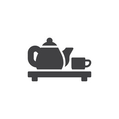 Tea pot and cup on a wood board vector icon