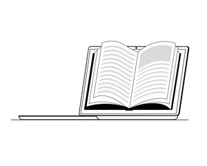 Laptop with an open book on the screen. An illustration in contour style on the topic of e-education.