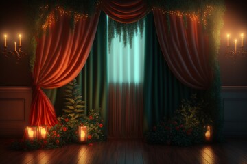Generative AI of fantasy interior with red curtains and glowing candles.