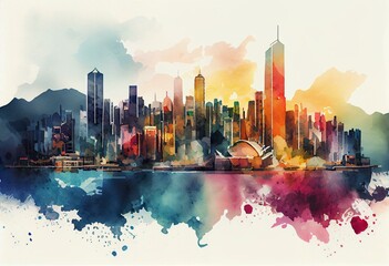 hong kong cityscape skyline colorful watercolor style illustration. Generative AI