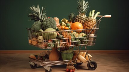 Grocery Shopping Cart with healthy organic food - Ai generated - Generative Ai