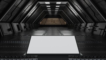 Blank mock up billboard or LCD screen floor stand in spaceship or space station interior, Sci Fi tunnel, 3D rendering.