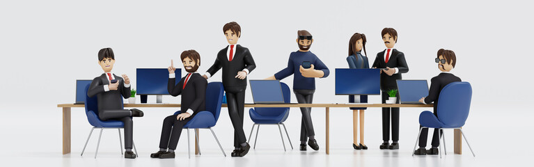 Group of happy young businessmen and businesswoman relaxing meeting talking working in office, 3D rendering.