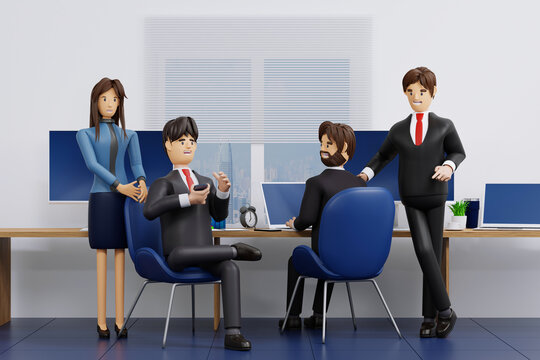 Group of happy young businessmen and businesswoman relaxing meeting talking working in office, 3D rendering.