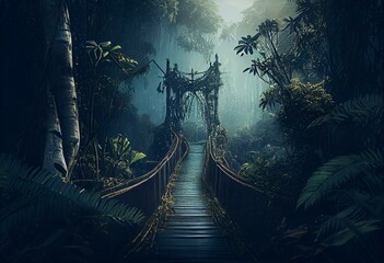 Fototapeta na wymiar Ghost bridge in the mystic tropical jungle forest. Generative Al Illustration. Generative AI