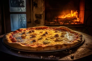 Foto op Plexiglas Pizza mit Zwiebeln und Mozzarella-Käse © Jibber 