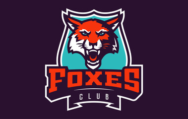Sports logo with fox mascot. Colorful sport emblem with fox mascot and bold font on shield background. Logo for esport team, athletic club, college team. Isolated vector illustration