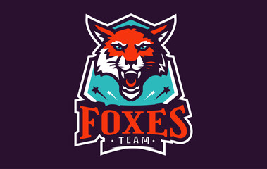 Sports logo with fox mascot. Colorful sport emblem with fox mascot and bold font on shield background. Logo for esport team, athletic club, college team. Isolated vector illustration