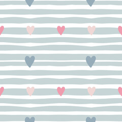 Seamless pattern. Light blue striped background and scattered multicolored hearts, pastel colors on a white background. For packaging, clothing, backgrounds, postcards, scrapbooking.