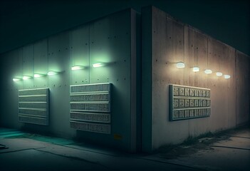 Concrete wall with fluorescent lamps in front of fluorescent lamps on both sides 6. Generative AI