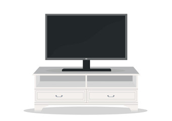 classic light-colored wooden chest of drawers with a large TV vector illustration