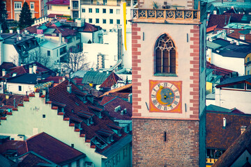 clock tower city aerial detail merano italy rooftop - obrazy, fototapety, plakaty