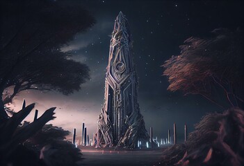 Futuristic fantasy ancient obelisk of fairytale civilization. Neural network AI generated art. Generative AI