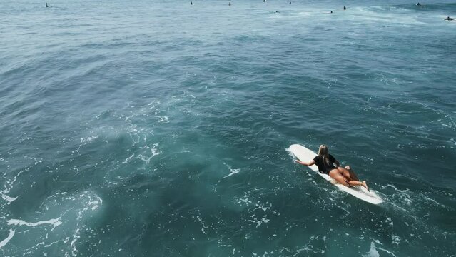 Young female surfer rowing on surfboard in crystal ocean water at scenic tropical beach on sunny day aerial view. Surfing girl enjoying sport paddling and surfing on summer vacation drone shot