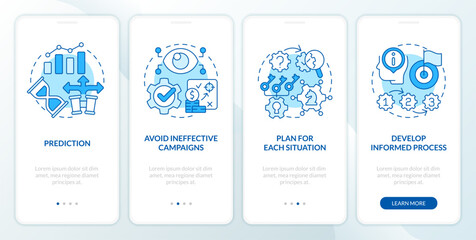 Causal research benefits blue onboarding mobile app screen. Walkthrough 4 steps editable graphic instructions with linear concepts. UI, UX, GUI template. Myriad Pro-Bold, Regular fonts used