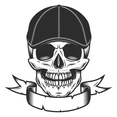 Skull in gangster gatsby tweed hat flat cap with ribbon vintage vector illustration