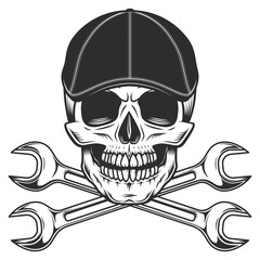 Skull in gangcter gatsby tweed hat flat cap with repair service mechanic spanner wrench vintage vector illustration