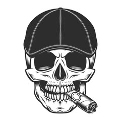 Skull smoking cigar or cigarette in gangcter gatsby tweed hat flat cap vintage vector illustration