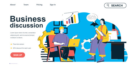 Business discussion concept for landing page template. Employees in office discussing work tasks. Teamwork and cooperation people scene. Vector illustration with flat character design for web banner