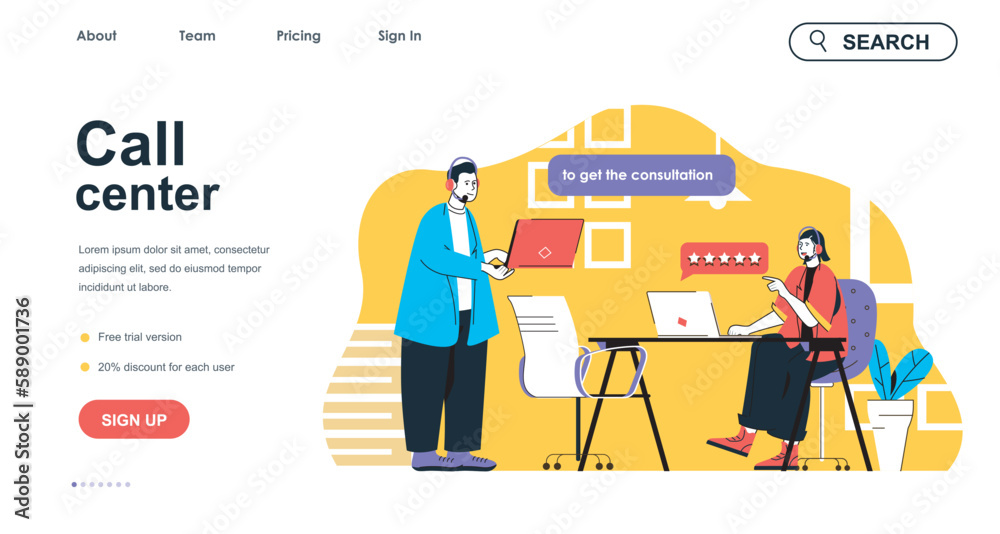 Poster call center concept for landing page template. man and woman in headsets answering customers. techni