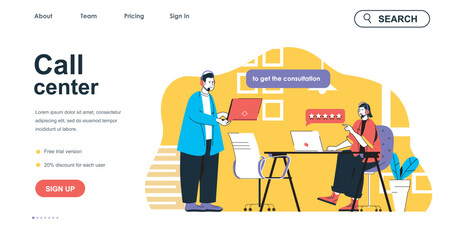 Call center concept for landing page template. Man and woman in headsets answering customers. Technical support consultation people scene. Vector illustration with flat character design for web banner