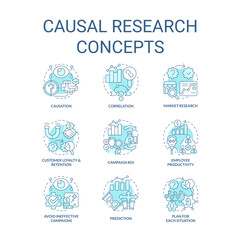 Causal research turquoise concept icons set. Study market for business development idea thin line color illustrations. Isolated symbols. Editable stroke. Roboto-Medium, Myriad Pro-Bold fonts used