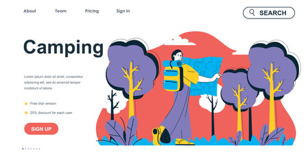 Camping concept for landing page template. Woman with backpack and map goes on hike in forest. Outdoor activity and tourism people scene. Vector illustration with flat character design for web banner