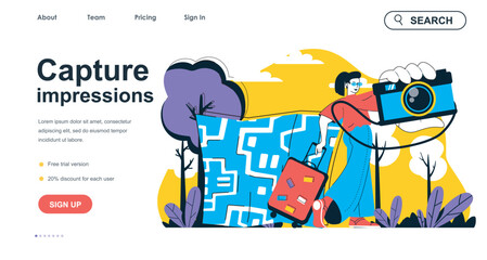Capture impressions concept for landing page template. Woman travelling with photo camera and making images from vacation people scene. Vector illustration with flat character design for web banner