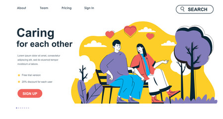 Caring for each other concept for landing page template. Happy man and woman talks sitting on bench. Loving relationship people scene. Vector illustration with flat character design for web banner