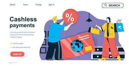 Obraz na płótnie Canvas Cashless payments concept for landing page template. Customers shopping, pays for purchases with credit card. Online banking people scene. Vector illustration with flat character design for web banner