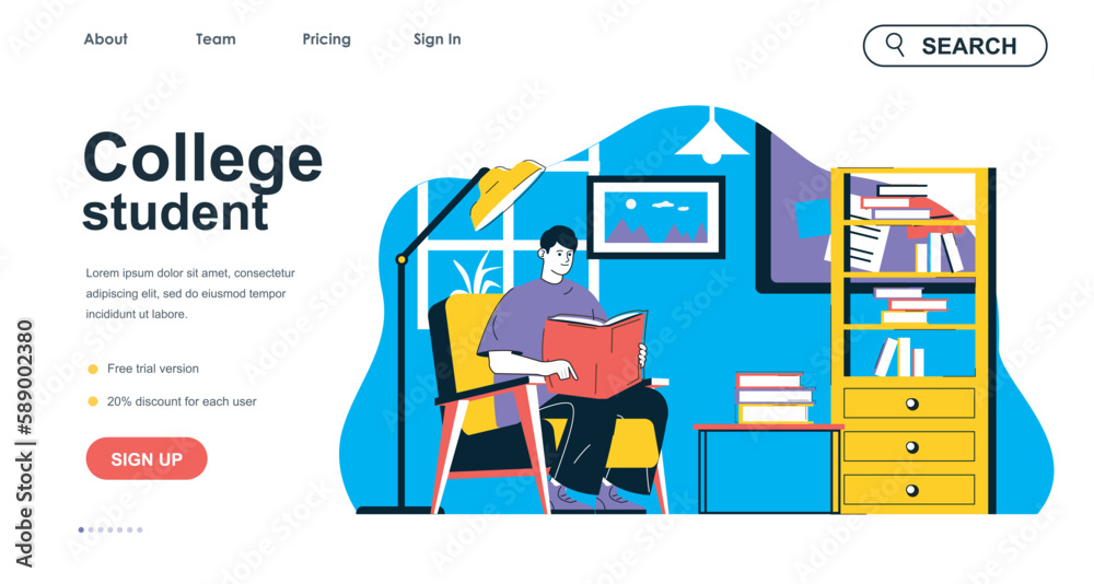 Poster college student concept for landing page template. young man reading book and learns subject from te