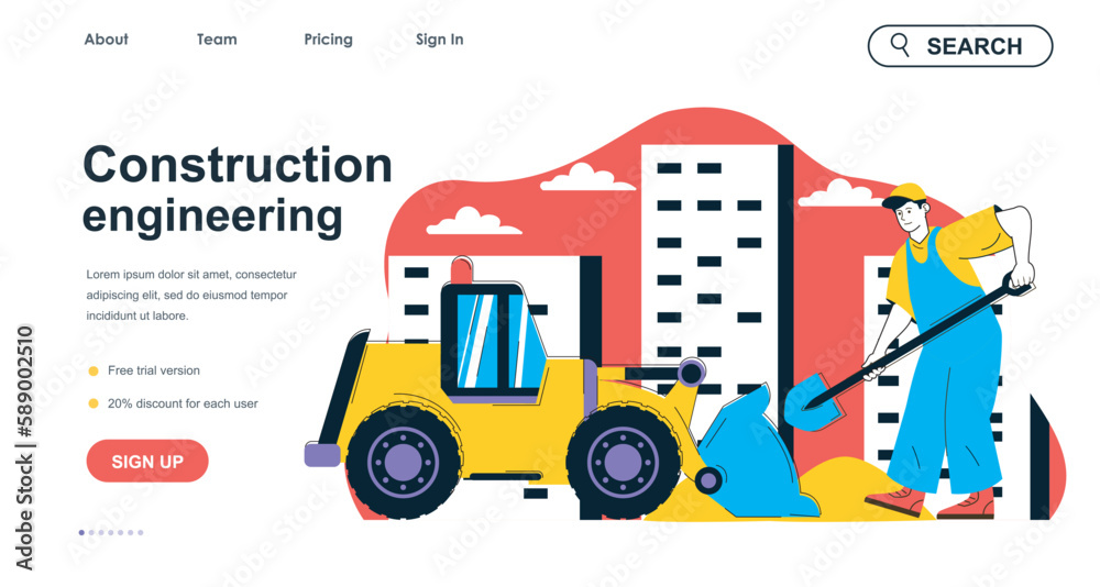 Poster construction engineering concept for landing page template. builder with shovel working with bulldoz