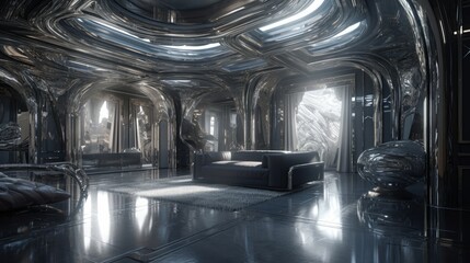 Stunning Silver and Pewter Luxury Futuristic Interior with Award-winning Design and Intricate 8K Digital Art Wallpaper in Medieval Europe, Generative AI