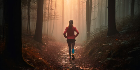 A lady trail runner moving swiftly on a forest path at the break of dawn, with the sun's first rays casting an abstract bokeh light on the surrounding trees. Generative AI