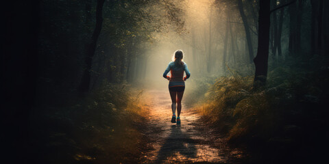 Fototapeta premium Morning Run in the Woods: Female Trail Runner Amidst the Bokeh. Generative AI