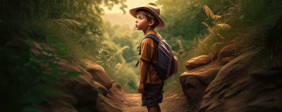Exploring the Great Outdoors. Young Adventurous Boy Hiking on Trail. Generative AI