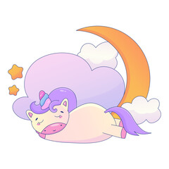 Cute Cartoon Unicorn Kawaii. Unicorn sleep with moon animal sticker. Magic cute pony. Cartoon vector illustration