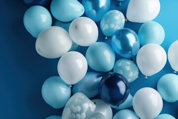 Bunch of blue and white balloons on blue background, top view, Generative Ai