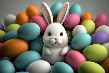 Easter bunny with colourful eggs background., Generative Ai