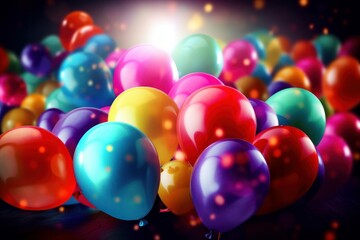 Colorful balloons on dark background with bokeh effect. Party concept, Generative Ai