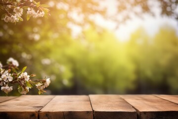 Naklejka na ściany i meble Wooden table in front of spring blooming tree. Spring background, Generative Ai